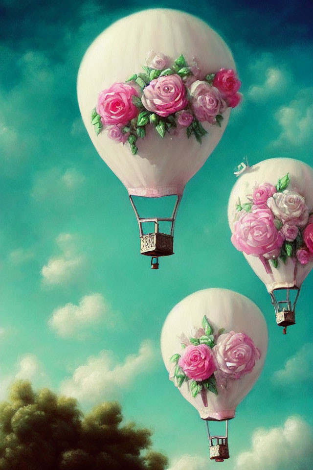 Colorful floral pattern hot air balloons in blue sky with clouds and treetop.