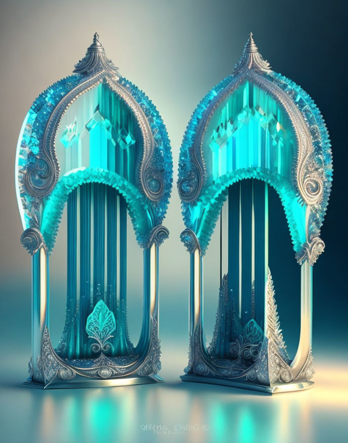 Ornate Aqua-Colored Harps with Baroque-Style Embellishments