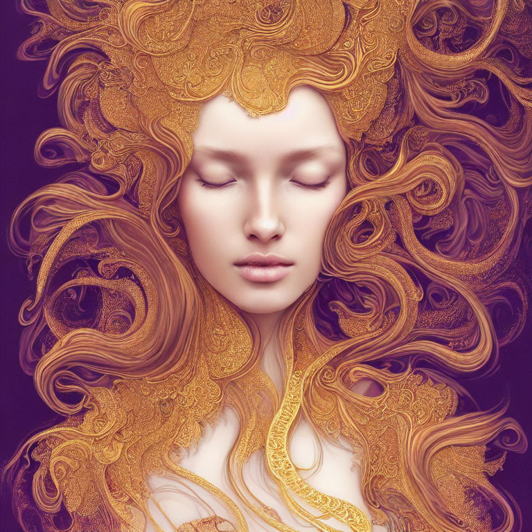 Digital artwork: Woman with intricate golden hair on purple background