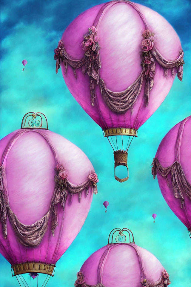 Whimsical hot air balloons with pink tops in vibrant turquoise sky