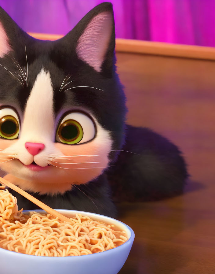 Black and White Animated Cat with Green Eyes and Chopstick by Noodles