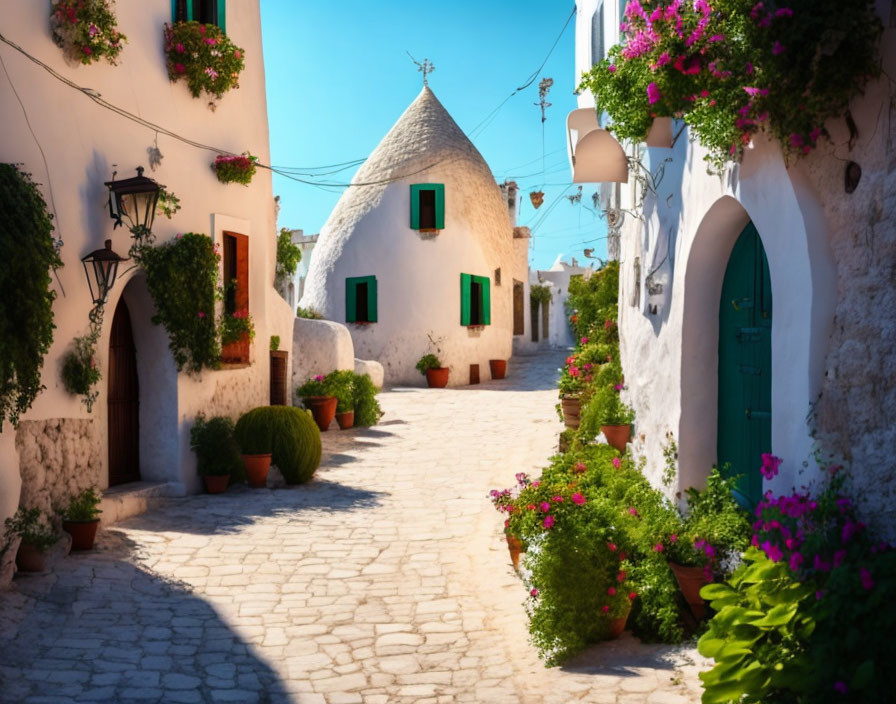 Scenic cobblestone alley with white buildings, green doors, and pink flowers