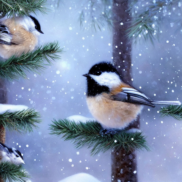 Three Chickadees Perched on Pine Branches in Falling Snow