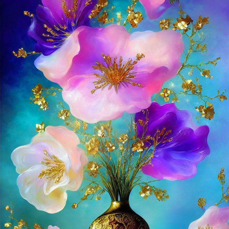 Colorful Oversized Flowers in Golden Vase on Teal Background