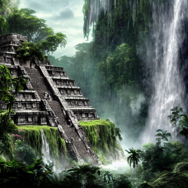 Stone pyramid structure near waterfall in lush jungle