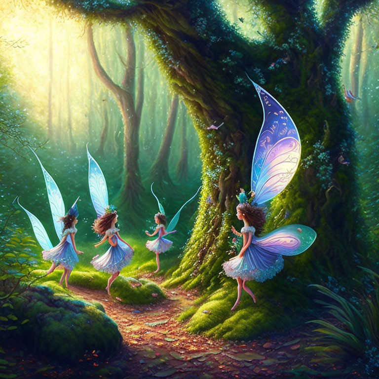 Four glowing-winged fairies in enchanted forest scene