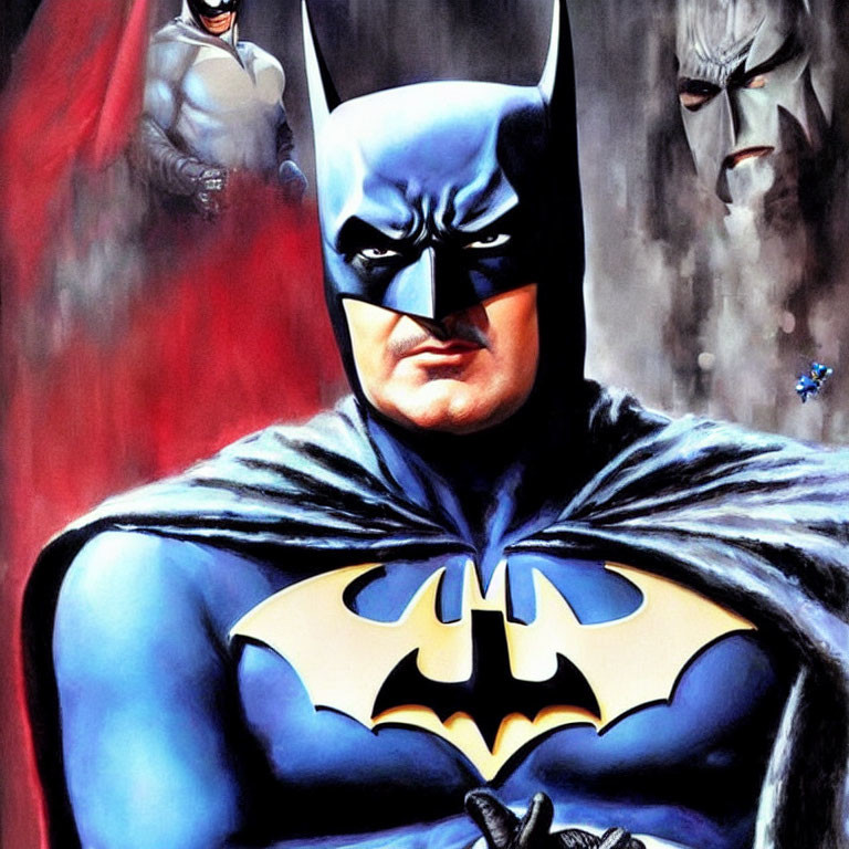 Iconic Batman Suit Illustration with Red Background and Alter-Ego Figures