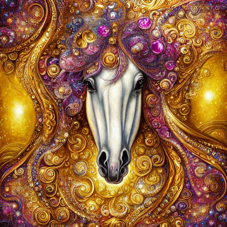 Colorful Horse Face Artwork with Golden Swirls and Cosmic Patterns