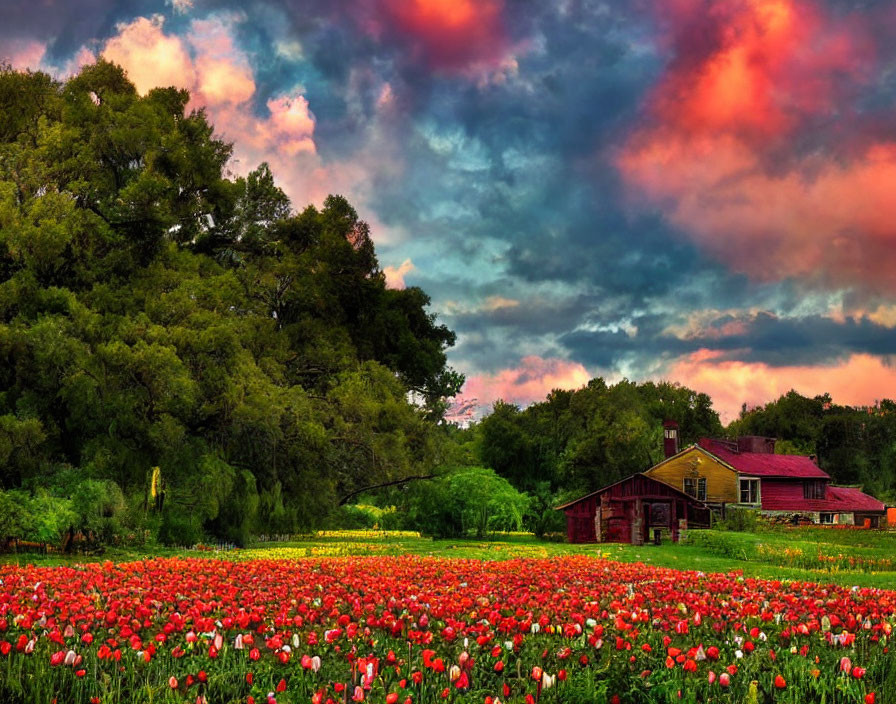 Scenic sunset skies over rustic house with red tulips and green trees