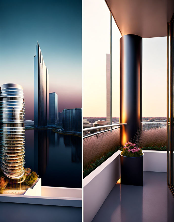 Futuristic cityscape vs. tranquil sunset balcony view