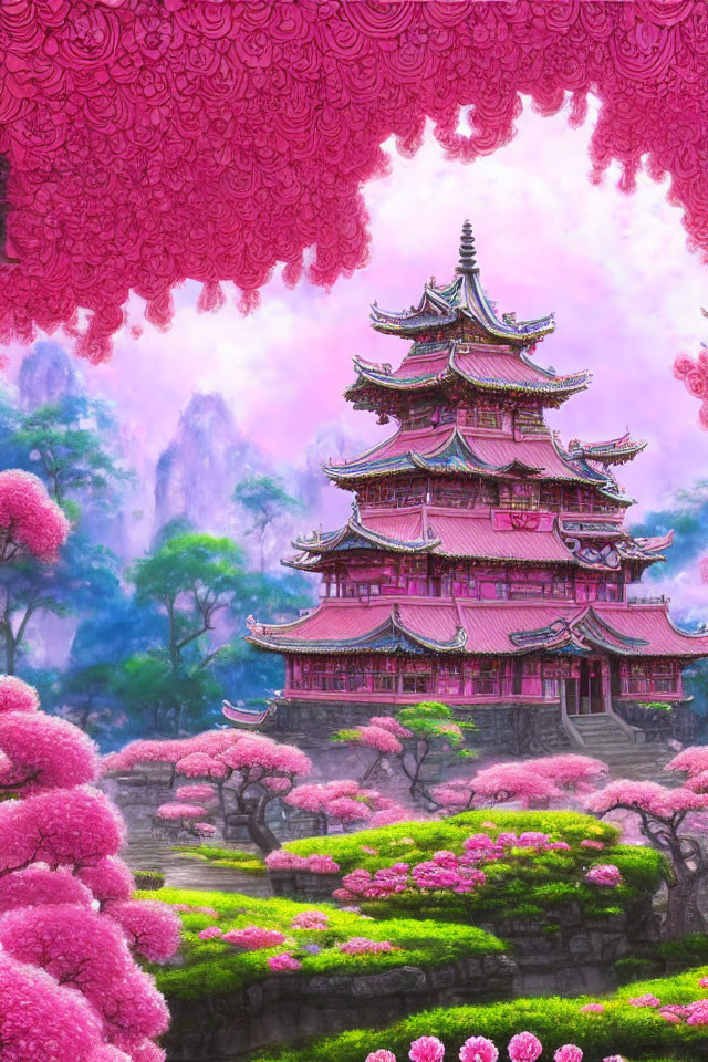 Colorful digital artwork: Pink Asian pagoda, blooming trees, misty mountains