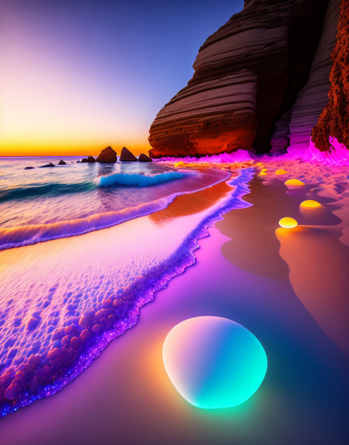 Serene Beach at Sunset with Glowing Spheres and Rocks