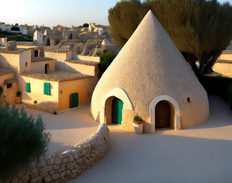 Traditional conical-roofed house in a village setting with green shutters and potted plant