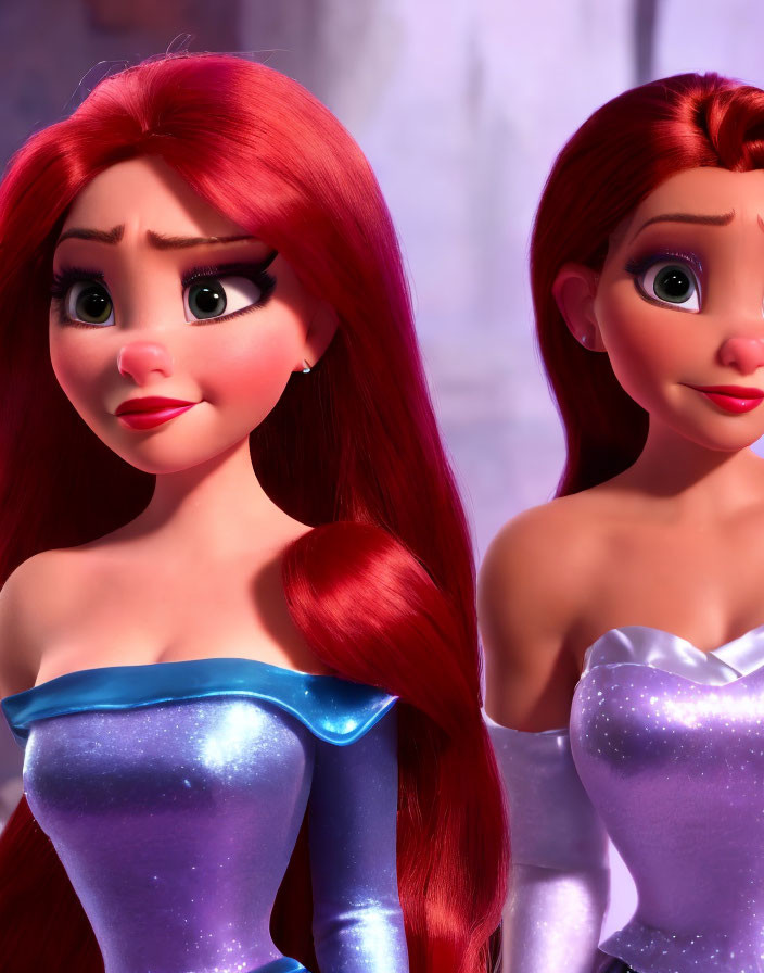 Red-Haired Animated Female Characters in Sparkling Dresses
