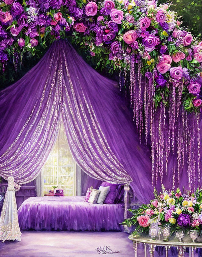 Purple-themed interior with flowers, cozy bench, vintage window, and soft light