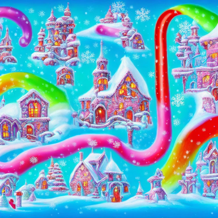 Colorful Winter Village with Snow-Covered Castles and Whimsical Slide