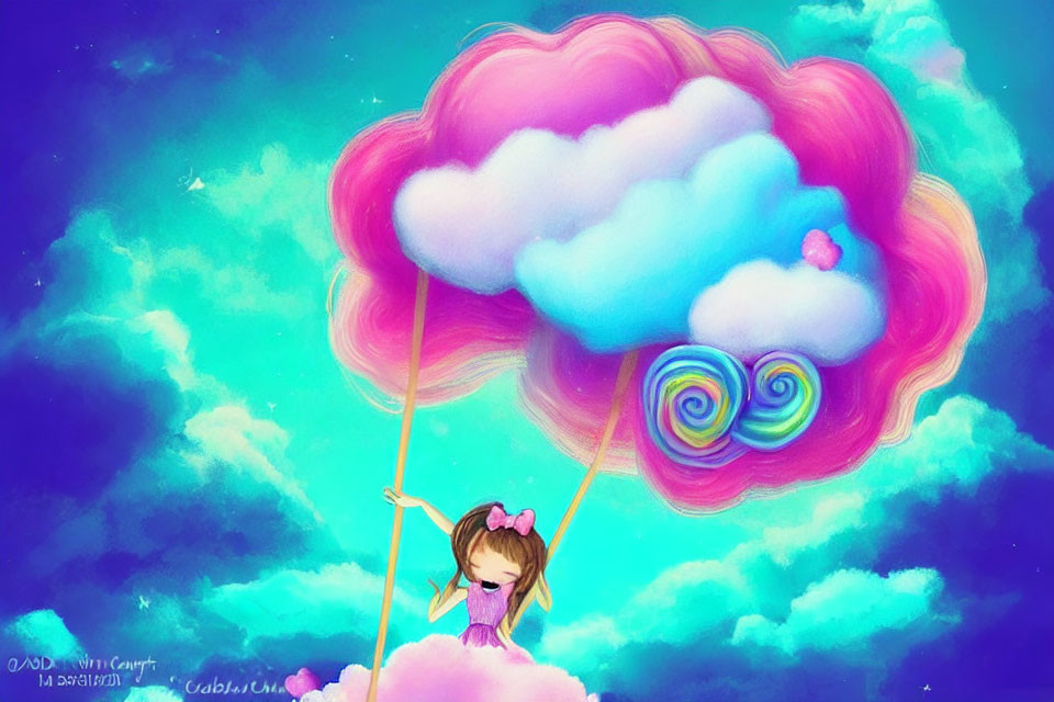 Colorful illustration of girl on swing hanging from cloud