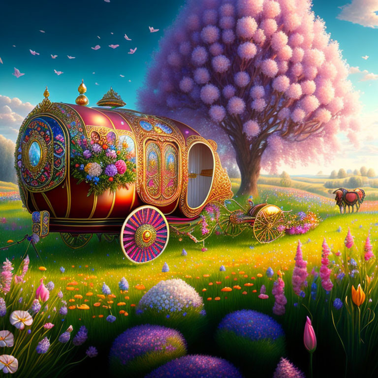 Colorful Carriage and Blossoming Tree in Lush Meadow