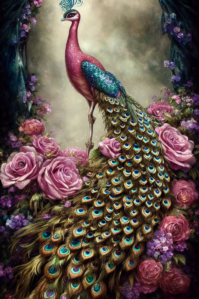 Majestic peacock with iridescent plumage among pink roses