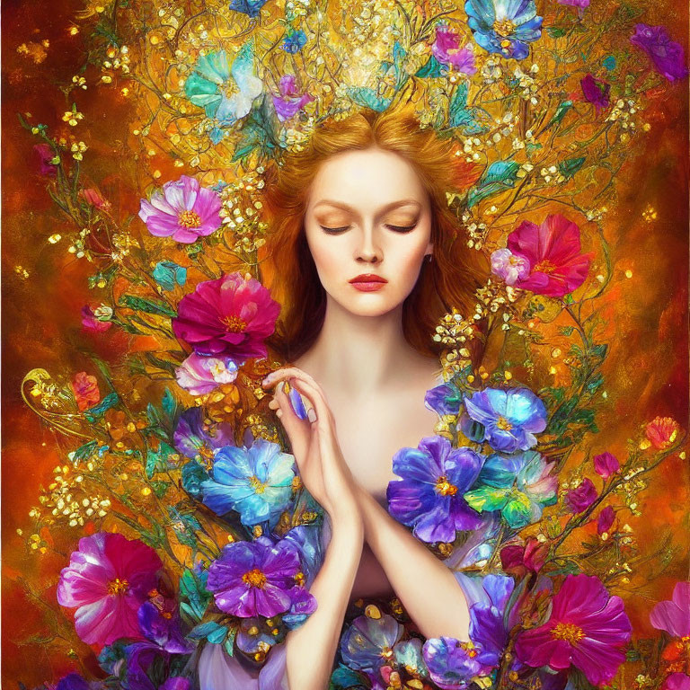 Red-haired woman surrounded by vibrant flowers and gold accents in peaceful contemplation