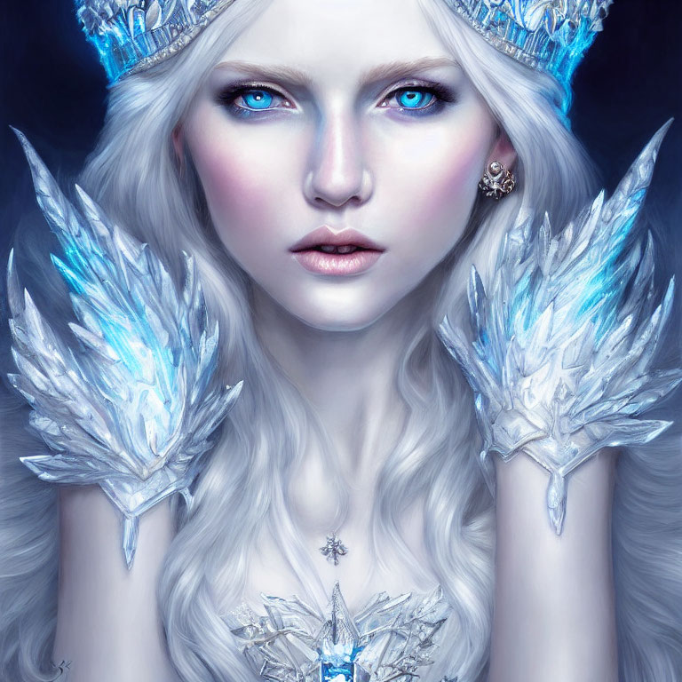 Pale-skinned woman with blue eyes, white hair, ice crystal crown, and shoulder accessories.