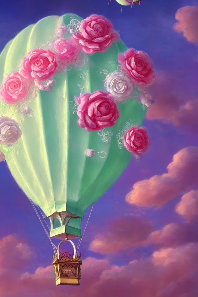 Whimsical painting: Green hot air balloon with pink and white roses in dreamy sky