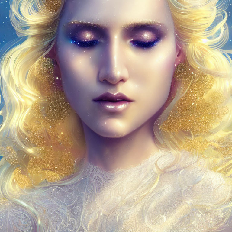 Fantastical figure with golden glittery hair and deep blue eyeshadow in white garment