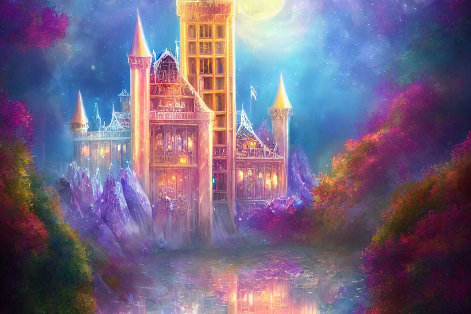 Crystalline castle in mystical purple forest under starry night.