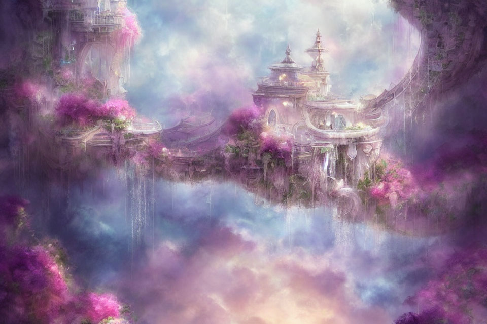 Fantasy landscape with floating islands, waterfalls, pink trees in misty clouds