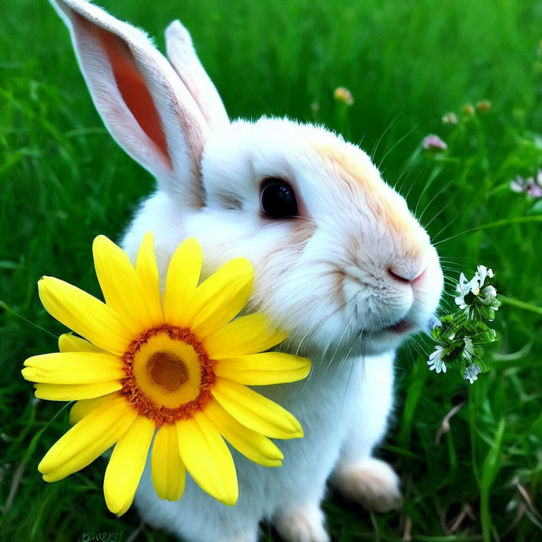 Fluffy White Rabbit in a Green Field with Flowers