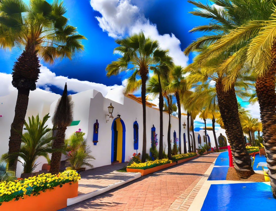 Tropical street scene with palm trees, white buildings, and colorful flowers