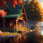 Wooden cabin by calm lake amidst autumn trees in warm hues.