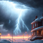 Snowy Neighborhood Illuminated by Lightning at Night