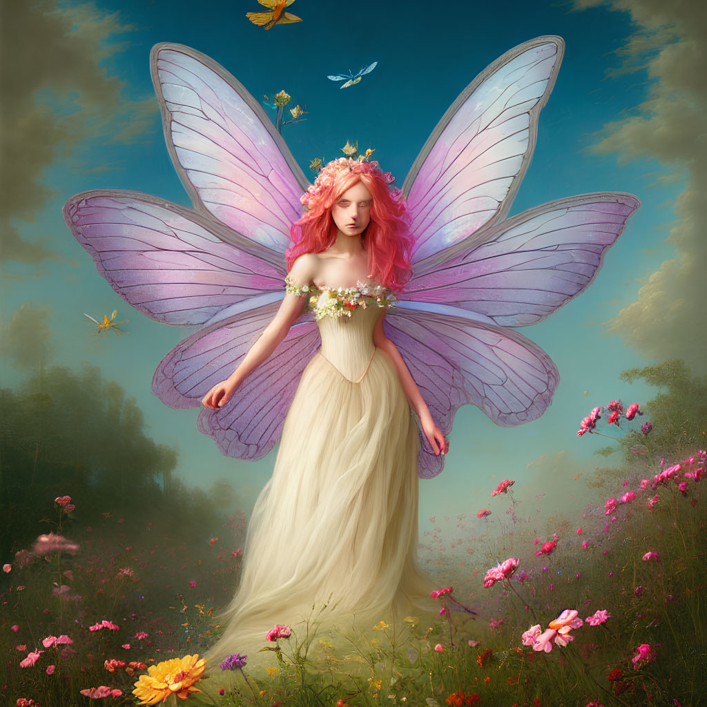 Fantastical figure with purple wings in vibrant wildflower setting