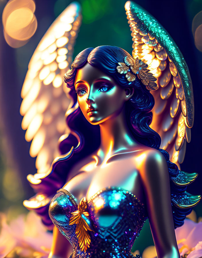 Iridescent angelic figure with floral ornaments in mystical forest