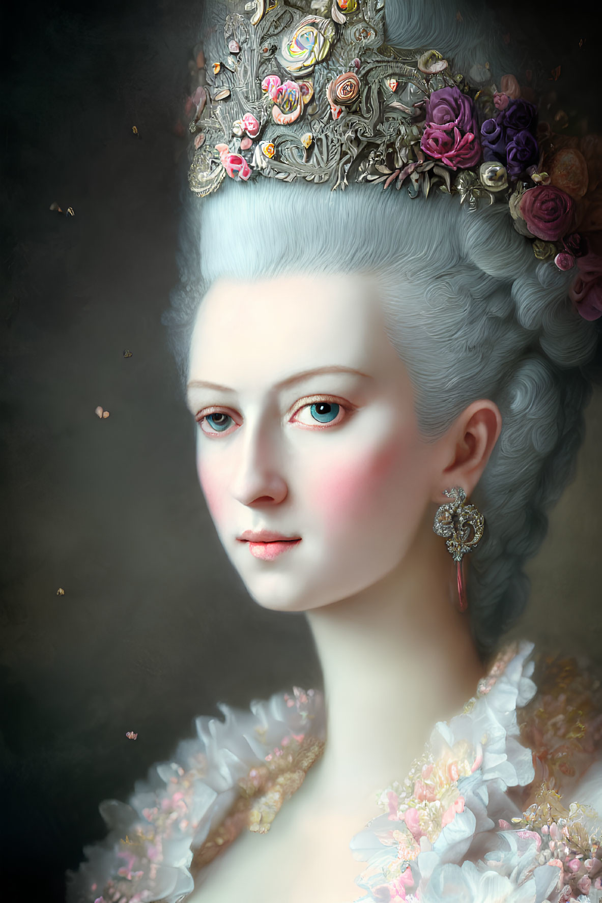 Regal portrait of woman with elaborate hairdo and jeweled crown