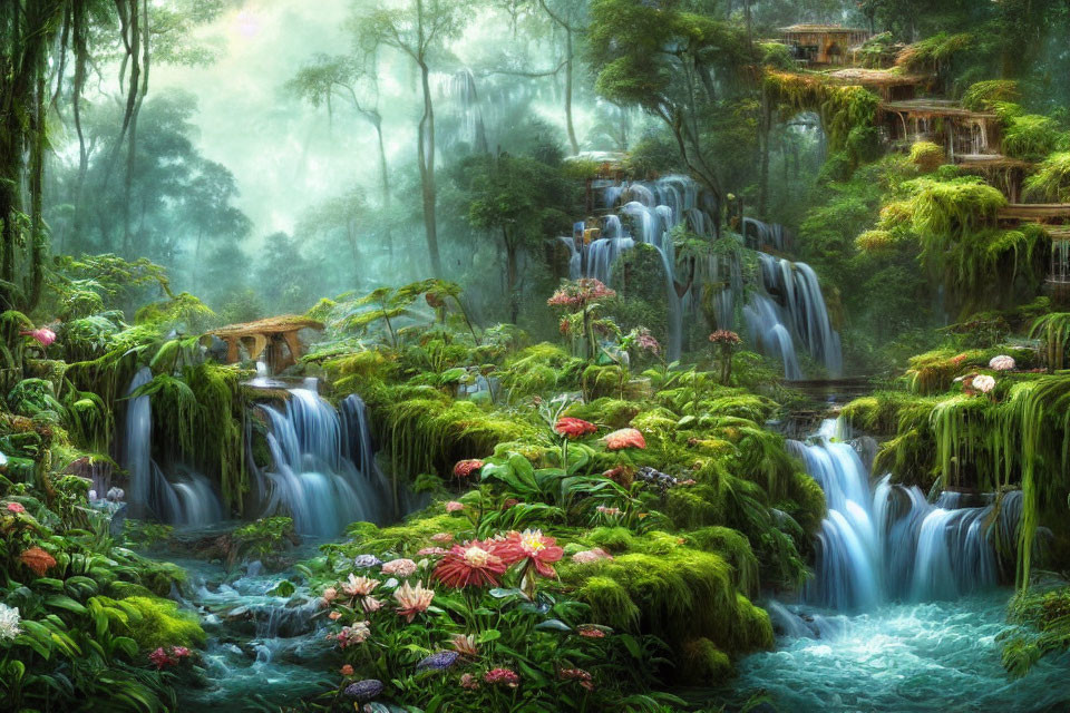 Lush Landscape with Waterfalls, Flora, Rocks, and Wooden Houses