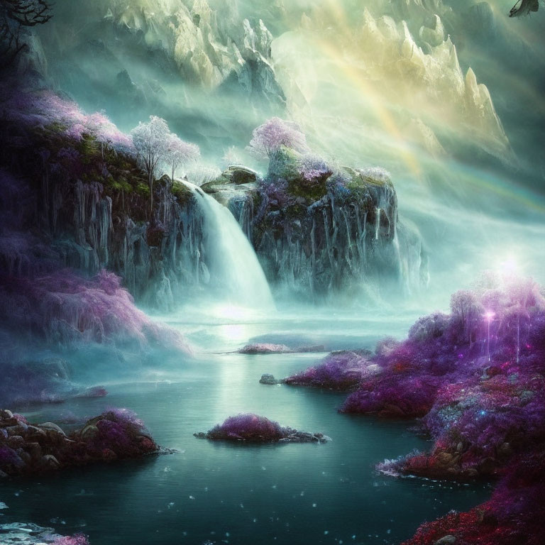 Majestic landscape with vibrant purple flora and misty mountains