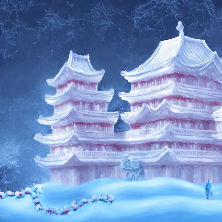 Snow-covered East Asian pagodas in a winter landscape with a person for scale