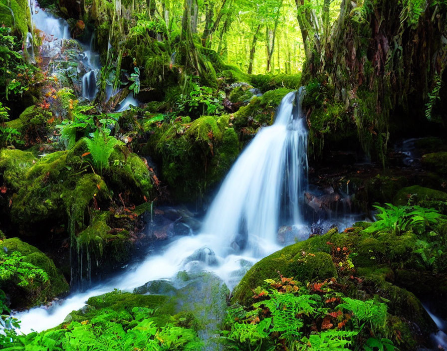 Tranquil waterfall among lush forest greenery