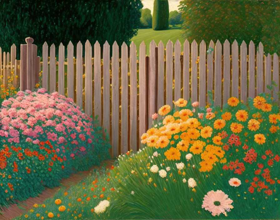 Colorful Garden Scene with Pink and Orange Flowers and Wooden Fence