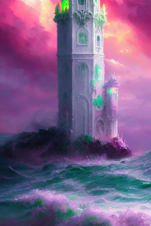 Ethereal painting of ornate tower in purple waves and dramatic sky