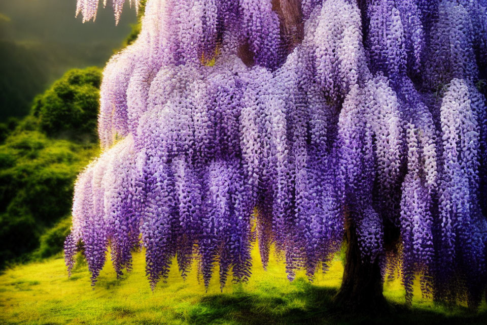 Vibrant purple wisteria blooms against serene greenery