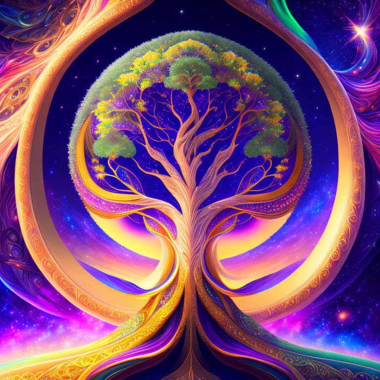 Colorful cosmic tree digital artwork with swirling branches in starry nebula background