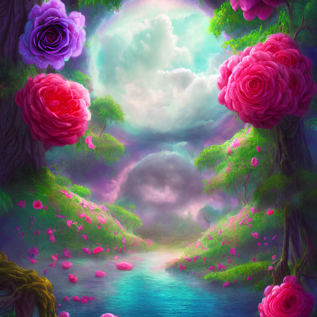 Fantasy landscape with oversized pink and purple roses, blue river, and mystical sky