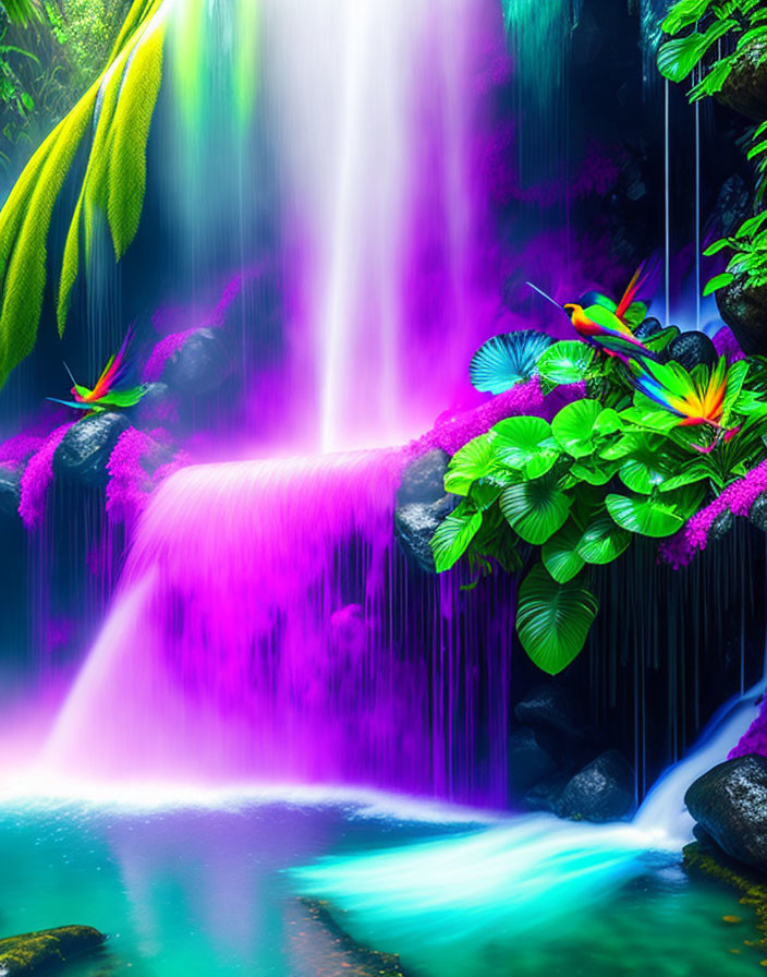 Digitally-Enhanced Waterfall with Neon Pink and Blue Hues in Tropical Setting