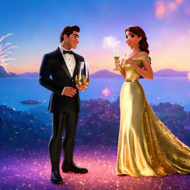 Elegant animated characters toasting with champagne at sunset