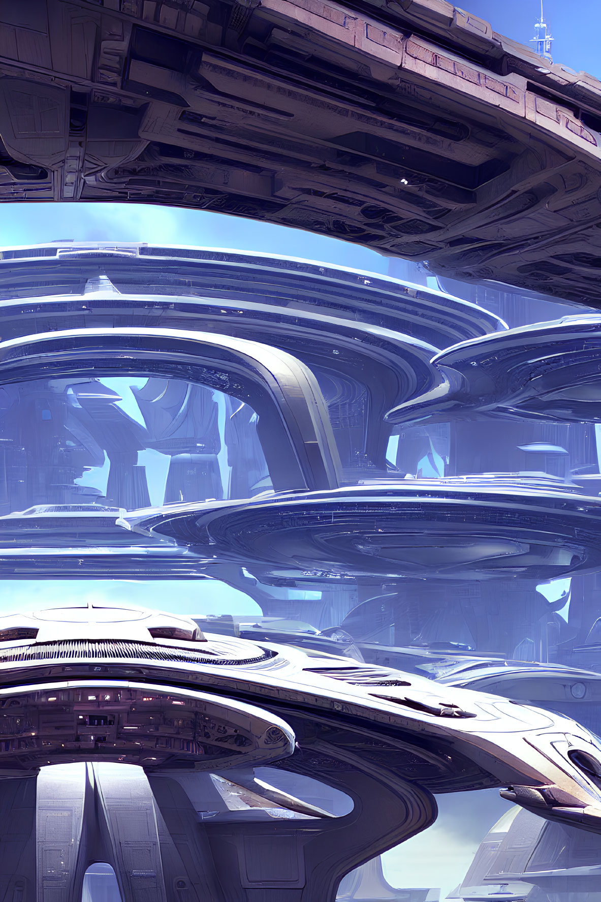 Futuristic cityscape featuring curvilinear metallic buildings under clear blue sky