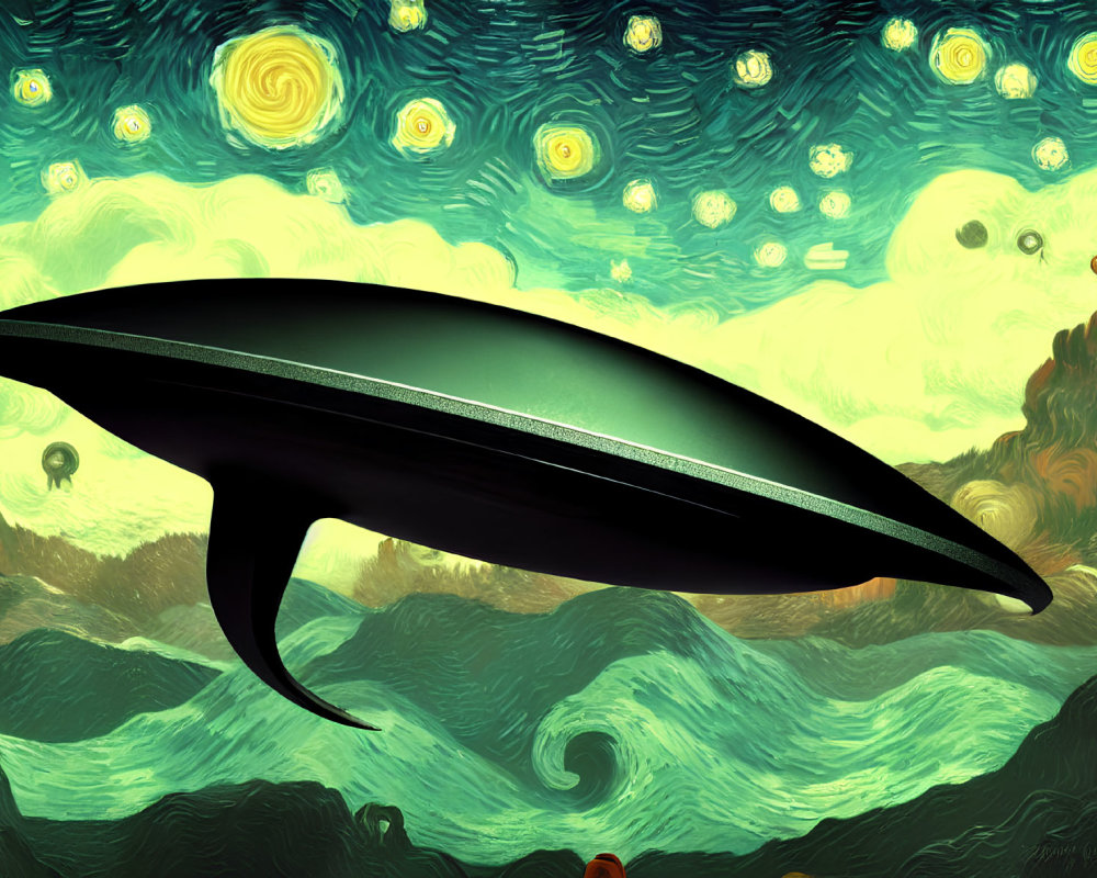 Futuristic digital artwork: Van Gogh's "Starry Night" meets black airship over