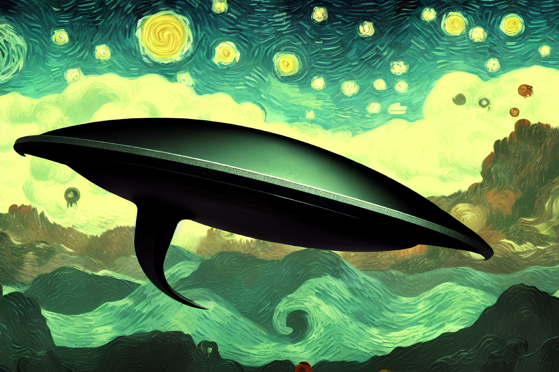 Futuristic digital artwork: Van Gogh's "Starry Night" meets black airship over